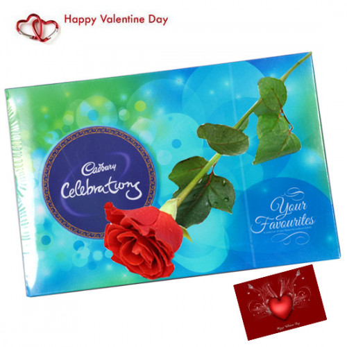 Choco Rosy - Cadbury Celebration 118 gms, Artificial Red Rose & Card