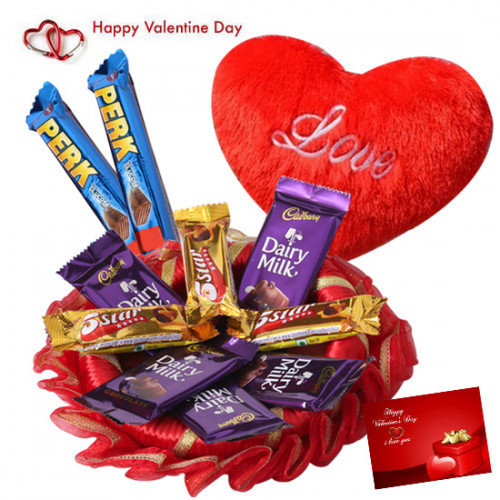 Pillow of Love - 10 Assorted Cadbury Bars, Small Heart Pillow & Valentine Greeting Card