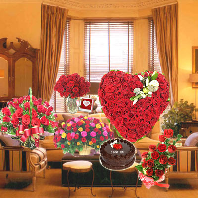 Valentine Flowers Room - 100 Red Roses Heart Shape + 20 Red Roses + 30 Mix Roses Basket + 40 Red Roses Basket + 15 Red Roses Vase + Chocolate Cake 1 kg + Card