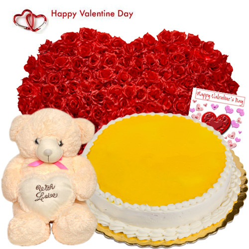 Valentine Life Size Love - 100 Roses Life Size Arrangement 3 to 4 Feet + Heart Teddy 12" + Pineapple Cake 1 kg + Card