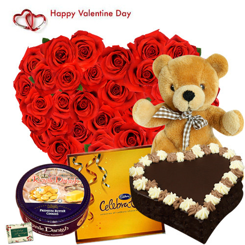 Full of Surprises - 50 Red Roses Heart Shape + Cadbury Celebration + Teddy 24" + Chocolate Heart Cake 1 kg + Danish Butter Cookies 454 gms + Card