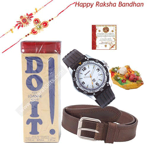 Brother for You - Belt + Sonata Watch White & Gray Dial + Lomani DO IT with 2 Rakhi and Roli-Chawal