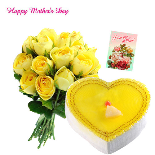 Yellow Fever - Bunch of 15 Yellow Roses, Pineapple Heart Cake 1 kg and Card