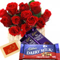 Cadbury with Roses - 15 Red Roses Basket + 2 Dairy Milk + Cadbury Fruit & Nut