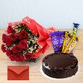Offbeat Choice - 12 Red Roses Bunch, 1/2 Kg Cake, 5 Assorted Bars