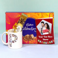 Photo Mug with Chocolates - Personalized Alphabet Letter Photo Mug, Ferrero Rocher 4 Pcs, Cadbury Celebrations and Personalized Card