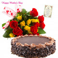 Yellow Choco Gift - 15 Yellow and Red Roses Bunch, 1/2 Kg Chocolate Cake