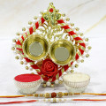 Auspicious Ganesha Thali with Pearls, 2 Rakhi, Free Greeting Card & Roli-Chawal
