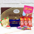 Lovely Chocolate Basket - Ferrero Rocher Moments, 3 Kitkat, 2 Gems, Auspicious Golden Leaf Thali, 2 Rakhi, Free Greeting Card & Roli-Chawal