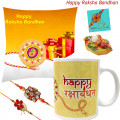 Mug N Cushion - Happy Rakshabandhan Personalized Cushion (12 inches X 12 inches), Happy Rakshabandhan Personalized Mug, 2 Rakhi, Free Greeting Card & Roli-Chawal