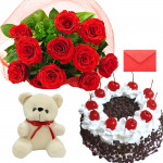 Masterly Combo - 10 Red Roses Bunch, 1/2 Kg Cake, Teddy Bear 6 inch + Card