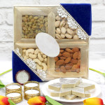 Assorted Hamper - Assorted Dryfruits 200 gms, Kaju Katli 250 gms with 4 Golden Diyas and Laxmi-Ganesha Coin
