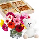 Teddy with Gerberas - 15 Mix Gerberas Vase, Assorted Dryfruits in Box 200 gms, Teddy 6 inch