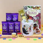 Personalized with Rocher Gift - Personalized World's Coolest Bro Photo Mug, Photo Keychain, Ferreo Rocher 4 Pcs, 5 Dairy Milk, 2 Rakhi, Free Greeting Card & Roli-Chawal