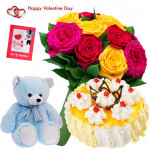 Teddy Pina Bunch - Bunch Of 20 Yellow / Pink / Red Roses , Teddy Bear (6 Inches), 1/2 Kg Pineapple Cake & Valentine Greeting Card