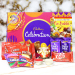 Chocolate Overload - Cadbury Celebrations, 2 Dairy Milk, 2 Kitkat, 2 Gems, 2 Chocopie, Ganesha Idol with 1 Kids Rakhi & 1 Rakhi, Free Greeting Card & Roli-Chawal