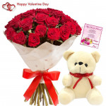 Flower with Teddy - 10 Red Roses Bunch + Teddy 6 inch