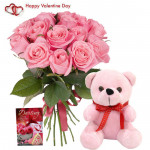 Love Combo - 12 Pink Roses in Bunch, Teddy 6 inch 