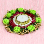 Floral Design Decorative Diya with Pearl (with Wax Tealight) with Laxmi-Ganesha Coin
