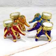 4 Decorative Elephant Golden Diya (with Wax Tealight) with Laxmi-Ganesha Coin