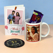 Personalized Birthday Mug, Personalized Tea Coaster, Dairy Milk Silk Fruit N Nut and Personalized Birthday Card
