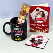 Personalized Birthday Black Mug, Personalized Birthday Tea Coaster, Ferrero Rocher 4 Pcs and Personalized Card