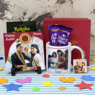 Treat for Rakhi - Personalized Happy Rakhi Photo Tile, Personalized To The Best Brother In The World Photo Mug, Photo Keychain, 2 Dairy Milk, Personalized Card, Premium Gift Box (M) with 2 Rakhi and Roli-Chawal