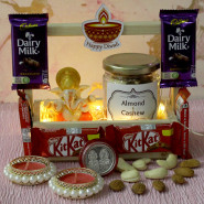 Diwali Festive Basket - Almond & Cashew in Jar, Ganesh Idol, 8 Kit Kat, 2 Dairy Milk, Diwali Props, Led Light, Wooden Tray with 2 Decorative Golden Diyas and Laxmi-Ganesha Coin