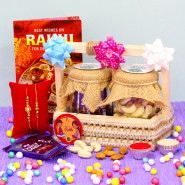 Joy Filled Combo - Almond & Cashew in Jar, 10 Dairy Milk in Jar, Wooden Tray with 2 Rakhi and Roli-Chawal