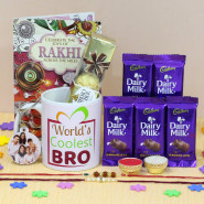 Personalized with Rocher Gift - Personalized World's Coolest Bro Photo Mug, Photo Keychain, Ferreo Rocher 4 Pcs, 5 Dairy Milk with 2 Rakhi and Roli-Chawal