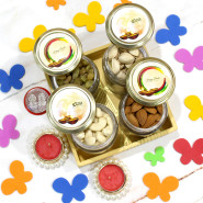 Tray of Dry Fruits - Almond in Jar, Cashew in Jar, Rasin in Jar, Pitsa in Jar, Wooden Tray with 2 Decorative Golden Diyas and Laxmi-Ganesha Coin