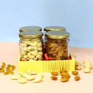Delightful Bliss - Almond in Jar, Cashew in Jar, Pista in Jar, Raisin in Jar, Wooden Tray and Card