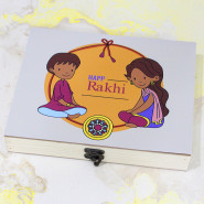 Colourful Rakhi Box - Cadbury Temptations, Snicker, Dairy Milk Fuse, Nutties, Pringles, Oreo Biscuit, 5 Rakhi Props, Personalized Wooden Box with 2 Rakhi and Roli-Chawal
