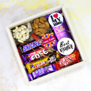 Cheerful Love - Almond & Cashew, Snickers, Dairy Milk Fuse, Dairy Milk Silk, Kitkat, Fivestar 3 Rakhi Props, Personalized Wooden Box with 2 Rakhi and Roli-Chawal