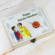 Ultimate Bro Combo - Almond in Glass Tube, Dairy Milk Crispello, Dairy Milk Fuse, 2 Dairy Milk, 2 Munch, Fivestar, 2 Rakhi Props, Personalized Wooden Box with 2 Rakhi and Roli-Chawal