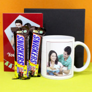 Snickers Delight - 2 Snickers, Custom Couples Name Personalized White Mug, Personalized Card and Premium Box (B)