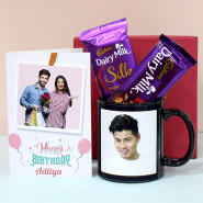 Bundle of Happiness - Dairy Milk Silk, Dairy Milk Fruit N Nut, Happy Birthday Personalized Black Mug, Personalized Birthday Card and Premium Box (M)