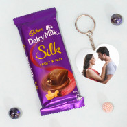 Silk Keychain Combo - Dairy Milk Silk, Heart Shaped Wooden Keychain and Personalized Birthday Card