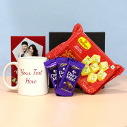 Joy of Sweet - Soan Papdi 250 gms, 3 Dairy Milk, Personalized White Mug, Personalized Card and Premium Box (B)