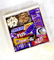 Attractive Hamper - Almond & Cashew in Pouch, Dairy Milk Fruit n Nut, Dairy Milk Fuse, Dairy Milk, Snickers, Kit Kat, Five Star, 2 Personalized Props, Personalized Wooden Box and Card
