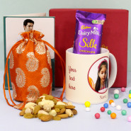 Wonderful Box - Mix Dry Frutis in Potli (D), Personalized White Mug, Dairy Milk Silk, Personalized Card and Premium Box (M)