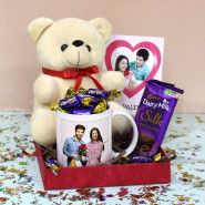 Personalized White Mug, Teddy 6 inch, Dairy Milk Silk, Choclairs Gold 20 Pcs and Personalized Card
