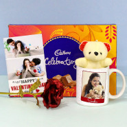 Cute Love Combo - Cadbury Celebrations, Red Gold Roses, Personalized White Mug, Small Teddy and Personalized Card