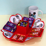 Romantic Explosion Box - Personalized White Mug, 4 Dairy Milk, 4 Kit Kat, Choclairs Gold 10 Pcs, 4 Photo and Explosion Box
