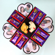 Heart Explosion Box - 4 Dairy Milk Fruit n Nut, 4 Dairy Milk Crackle, 2 Small Teddy, 4 Photo and Explosion Box