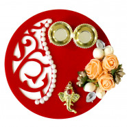 Designer Thali with Sweet - Kaju Mix, Fancy Ganesha Thali with Flowers & Pearls with 2 Rakhi and Roli-Chawal
