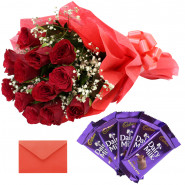 Celebrations with Mom - Bunch of 12 Red Roses, 5 Dairy Milk 14 gms each and Card