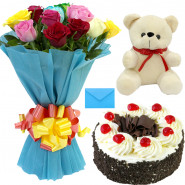 Mix Teddy Cake - 10 Mix Roses Bunch, Teddy 6 inch, Black Forest Cake 1/2 kg + Card