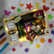 Impressive Diwali Gift - Almond in Jar, Cashew in Jar, Denver Deo, Hershey's Exotic Dark, Dark Fantasy Cookies, Dairy Milk Silk, Led Light, 3 Diwali Props, Wooden Tray with 2 Designer Diyas and Laxmi-Ganesha Coin