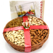 Assorted Divinity - Assorted Dryfruits in Basket, Ganesh Idol and Card